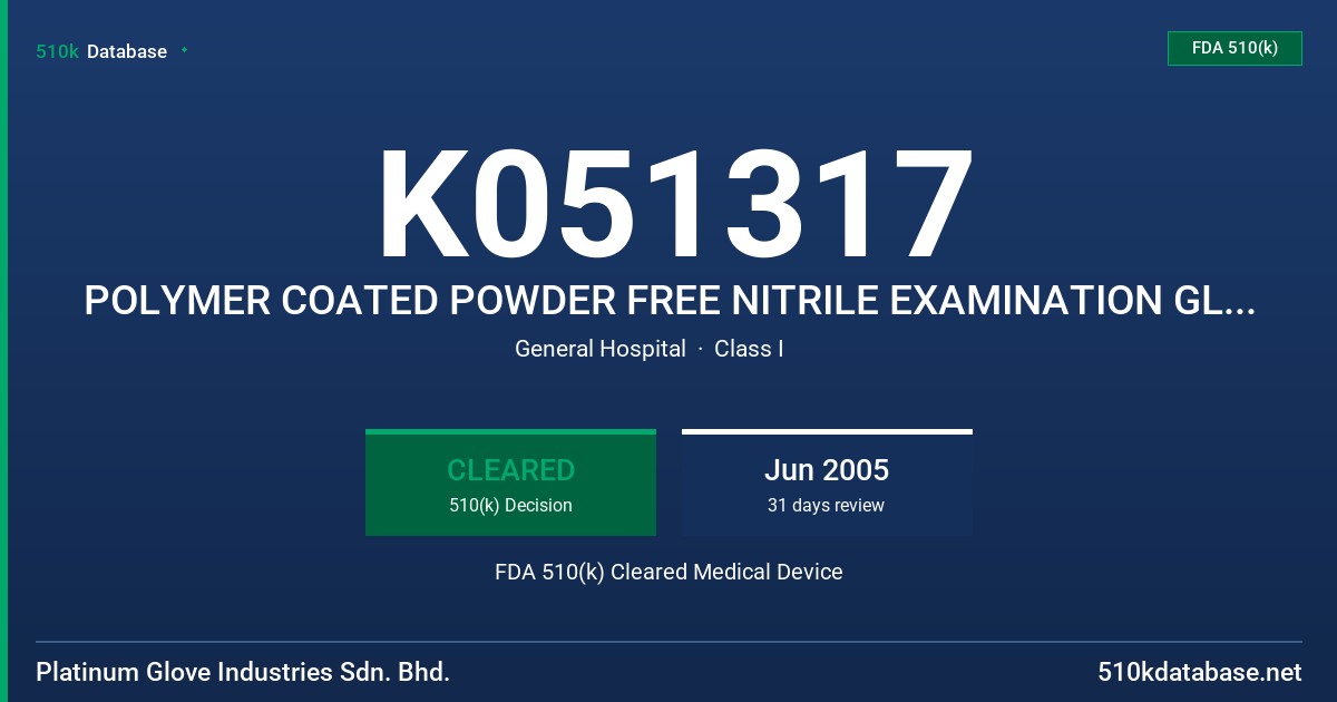 K051317 POLYMER COATED POWDER FREE NITRILE EXAMINATION GLOVES, BLUE, GREEN AND WHITE COLOR FDA 510(k) Cleared Medical Device