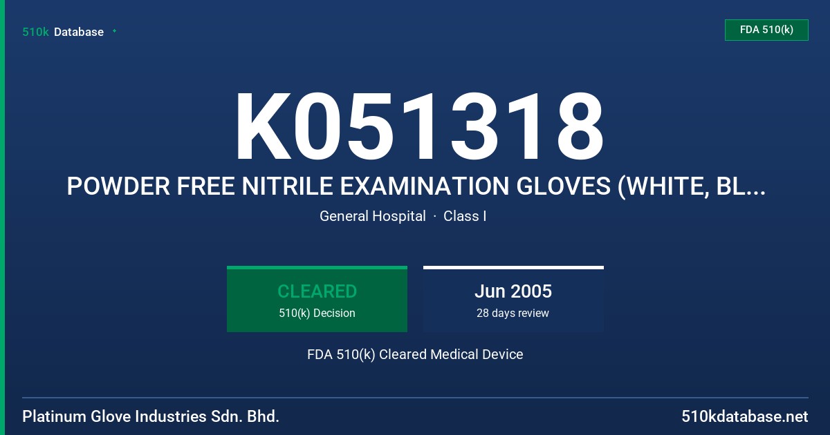 K051318 POWDER FREE NITRILE EXAMINATION GLOVES (WHITE, BLUE, AND PURPLE COLOR) FDA 510(k) Cleared Medical Device