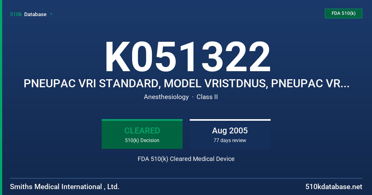 K051322 PNEUPAC VRI STANDARD, MODEL VRISTDNUS, PNEUPAC VRI RESPONDER, MODEL VRIRESNUS FDA 510(k) Cleared Medical Device