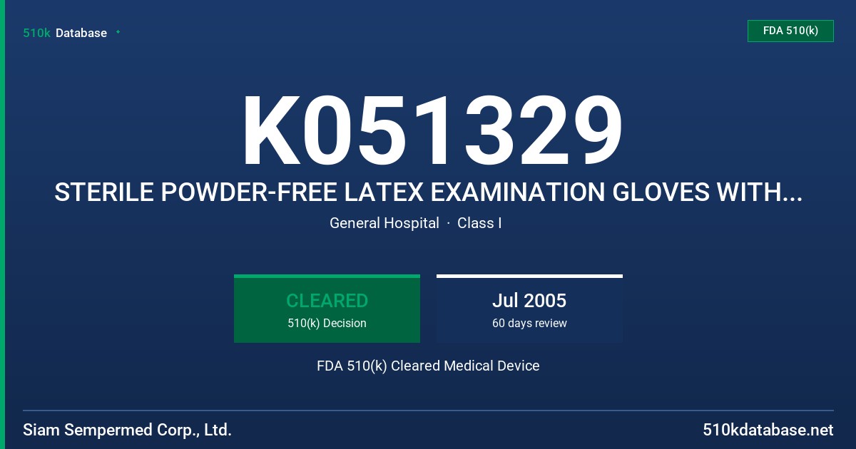 K051329 STERILE POWDER-FREE LATEX EXAMINATION GLOVES WITH POLYMER COATING AND PROTEIN CLAIM (50 UG OR LESS) FDA 510(k) Cleared Medical Device