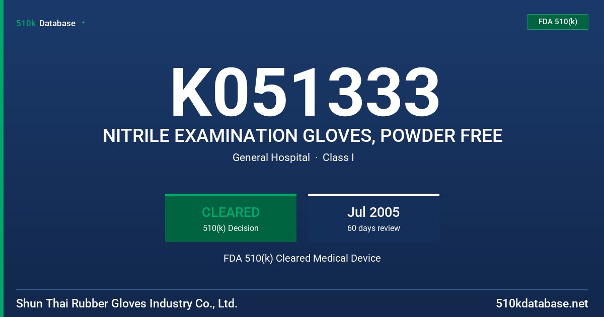 K051333 NITRILE EXAMINATION GLOVES, POWDER FREE FDA 510(k) Cleared Medical Device