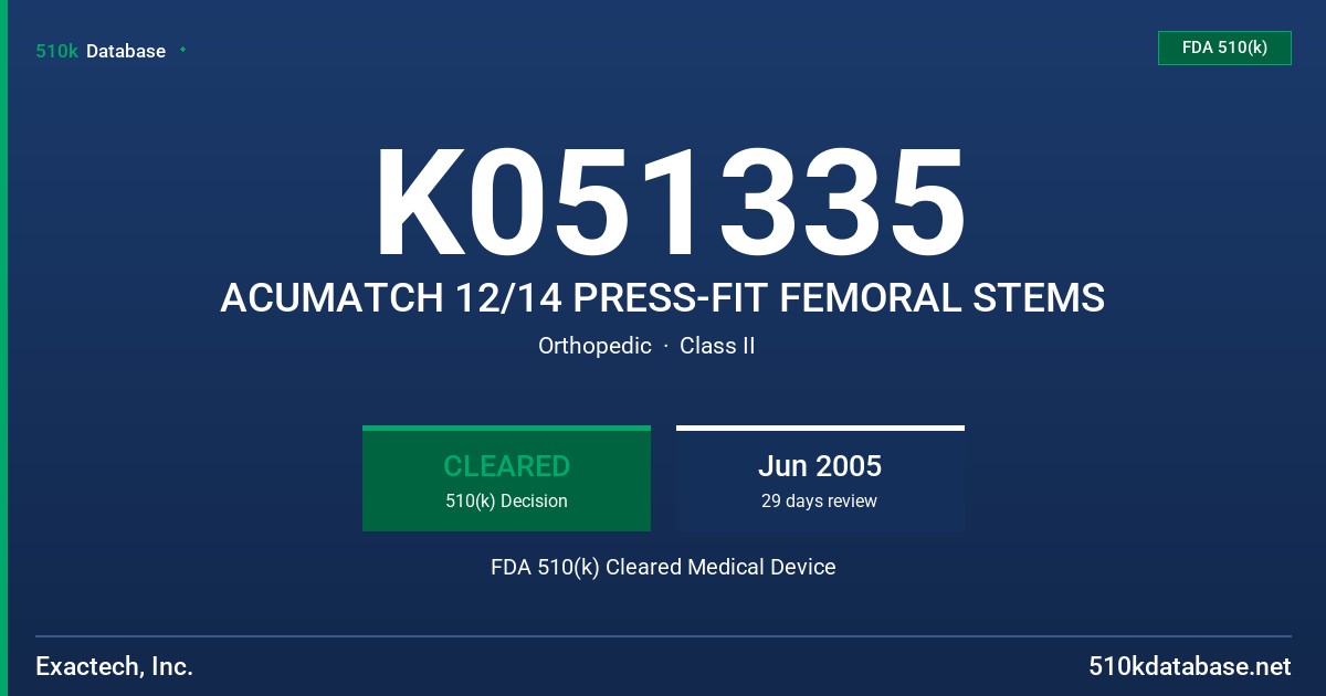 K051335 ACUMATCH 12/14 PRESS-FIT FEMORAL STEMS FDA 510(k) Cleared Medical Device