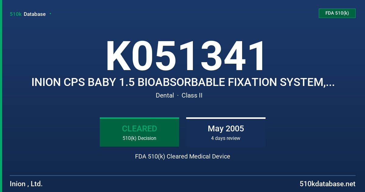 K051341 INION CPS BABY 1.5 BIOABSORBABLE FIXATION SYSTEM, 40 AND 64 HOLE PLATES, MODELS PLT-1058 AND PLT-1059 FDA 510(k) Cleared Medical Device