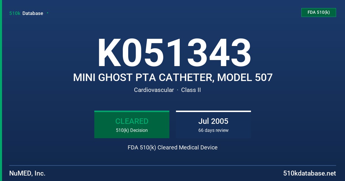 K051343 MINI GHOST PTA CATHETER, MODEL 507 FDA 510(k) Cleared Medical Device