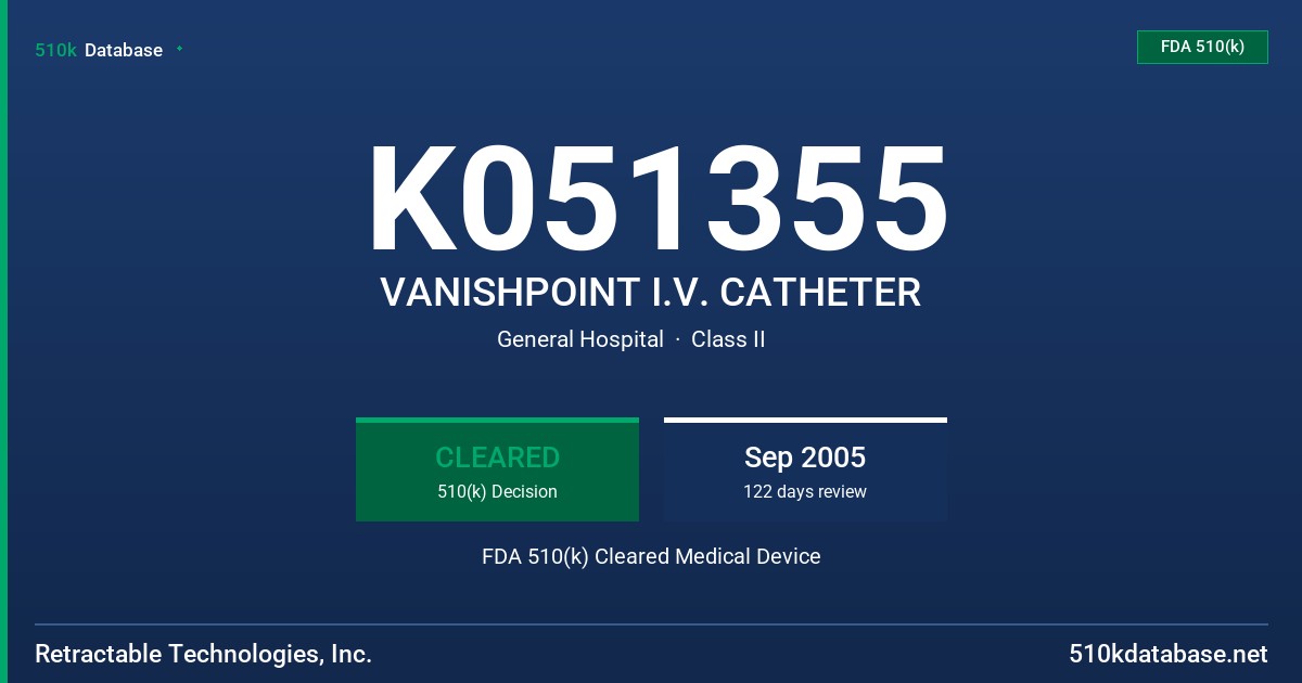 K051355 VANISHPOINT I.V. CATHETER FDA 510(k) Cleared Medical Device