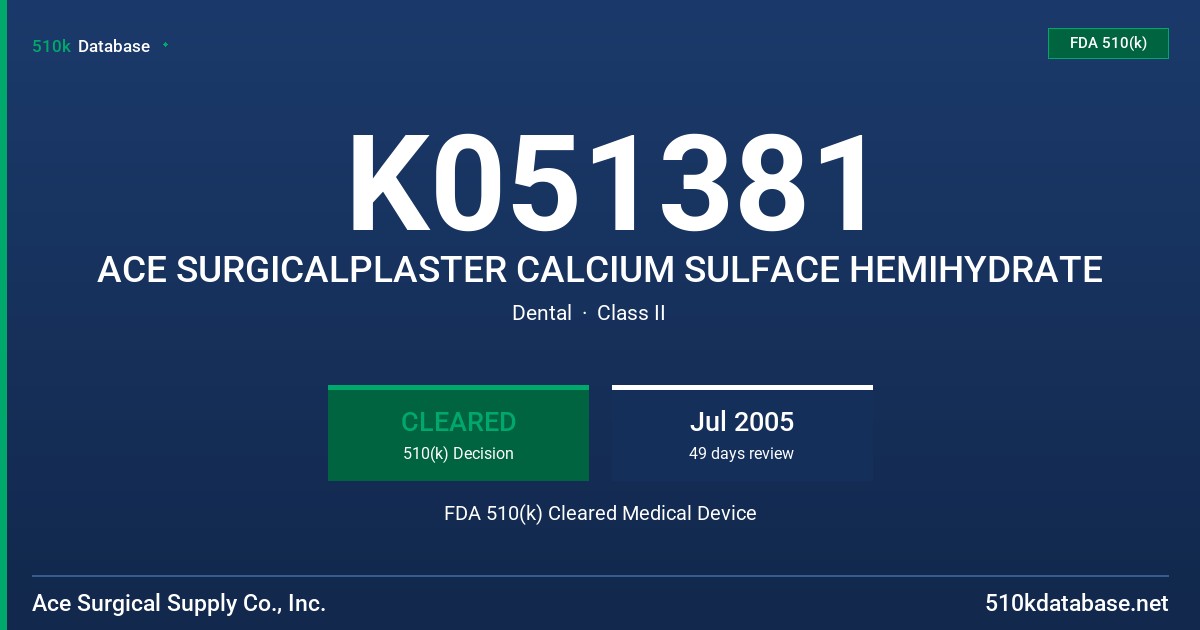 K051381 ACE SURGICALPLASTER CALCIUM SULFACE HEMIHYDRATE FDA 510(k) Cleared Medical Device