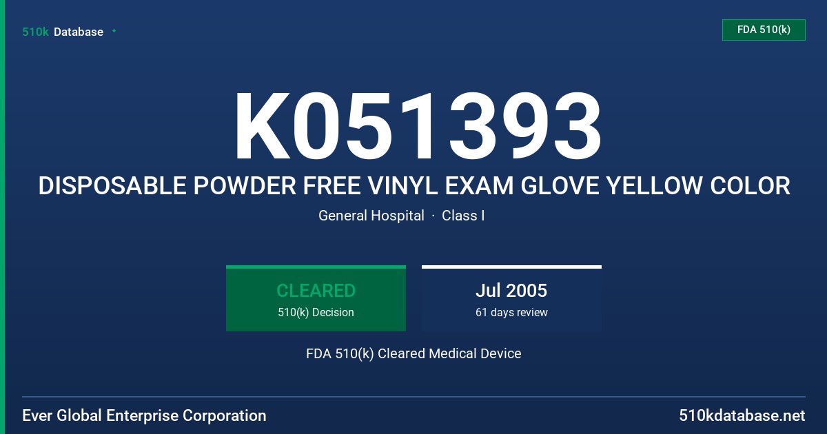 K051393 DISPOSABLE POWDER FREE VINYL EXAM GLOVE YELLOW COLOR FDA 510(k) Cleared Medical Device