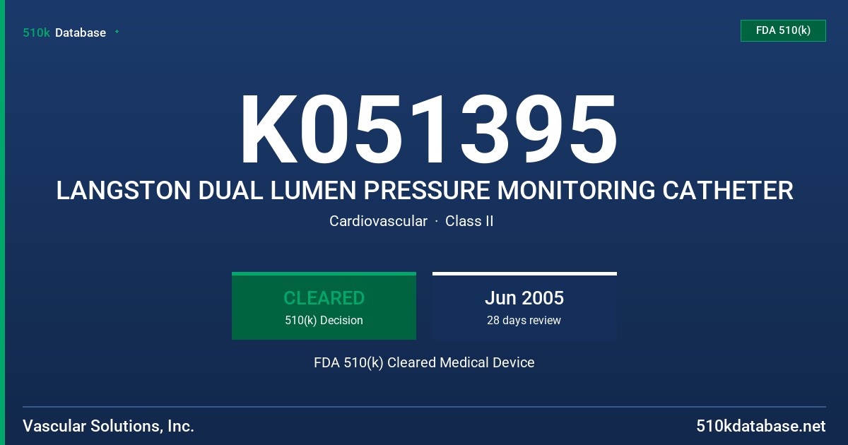K051395 LANGSTON DUAL LUMEN PRESSURE MONITORING CATHETER FDA 510(k) Cleared Medical Device