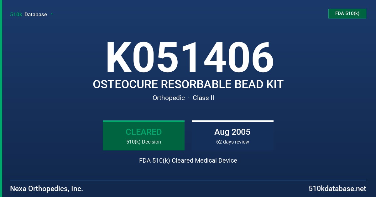 K051406 OSTEOCURE RESORBABLE BEAD KIT FDA 510(k) Cleared Medical Device