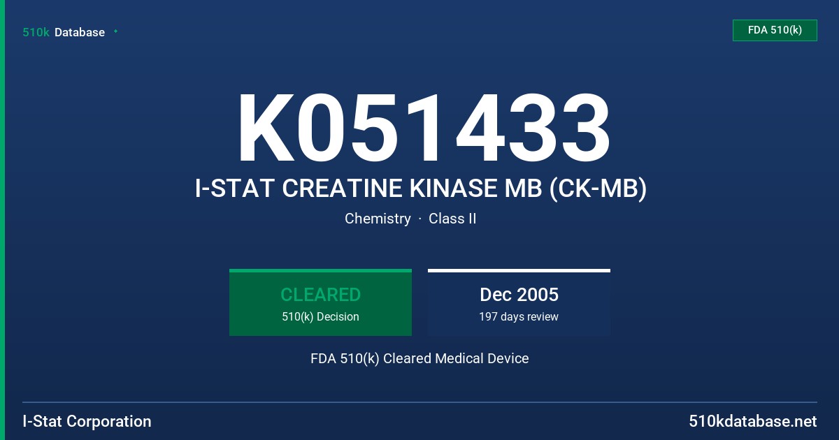 K051433 I-STAT CREATINE KINASE MB (CK-MB) FDA 510(k) Cleared Medical Device