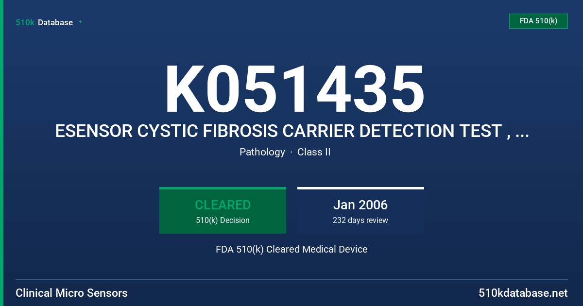 K051435 ESENSOR CYSTIC FIBROSIS CARRIER DETECTION TEST , ESENSOR 4800 DNA DETECTION SYSTEM, MODEL 4800 FDA 510(k) Cleared Medical Device
