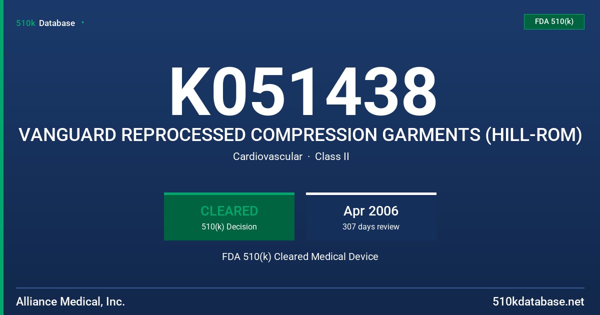 K051438 VANGUARD REPROCESSED COMPRESSION GARMENTS (HILL-ROM) FDA 510(k) Cleared Medical Device