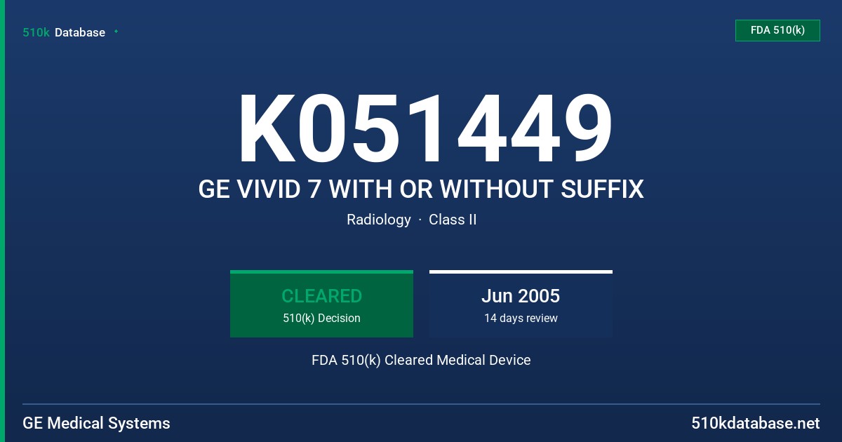 K051449 GE VIVID 7 WITH OR WITHOUT SUFFIX FDA 510(k) Cleared Medical Device