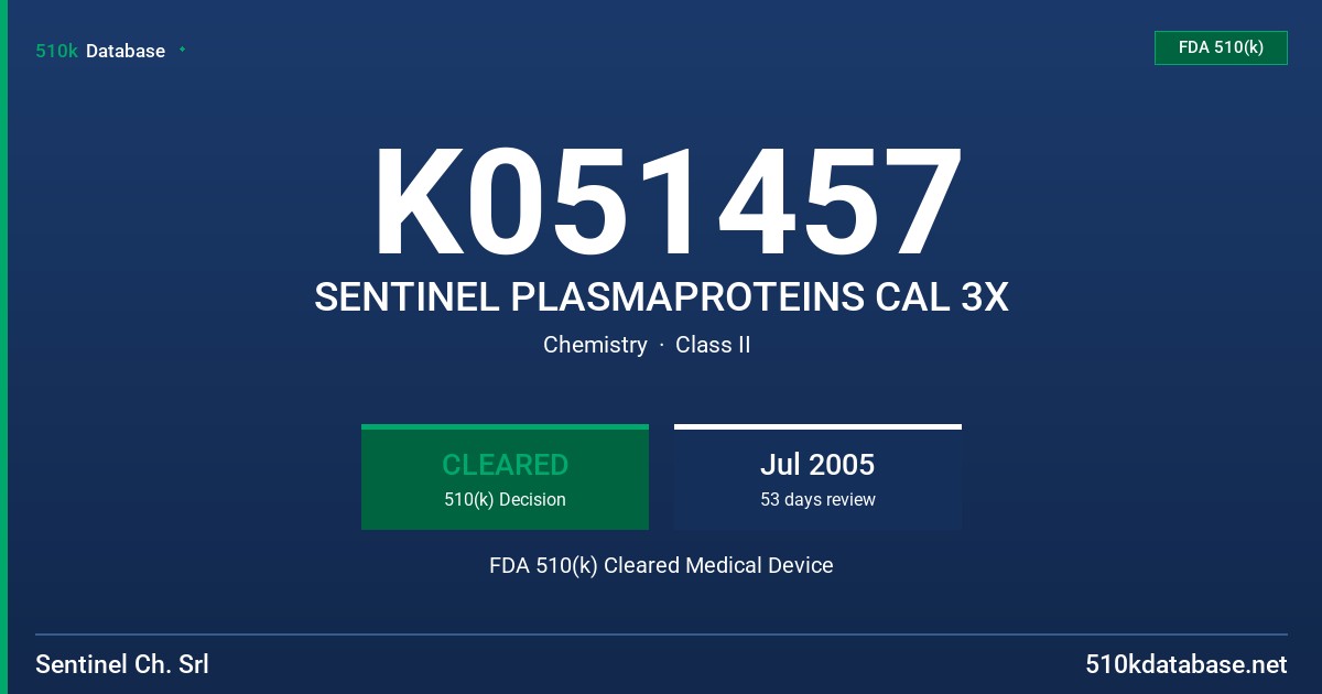 K051457 SENTINEL PLASMAPROTEINS CAL 3X FDA 510(k) Cleared Medical Device