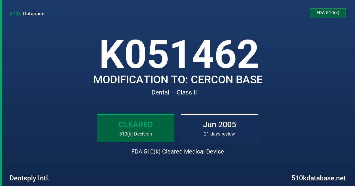 K051462 MODIFICATION TO: CERCON BASE FDA 510(k) Cleared Medical Device