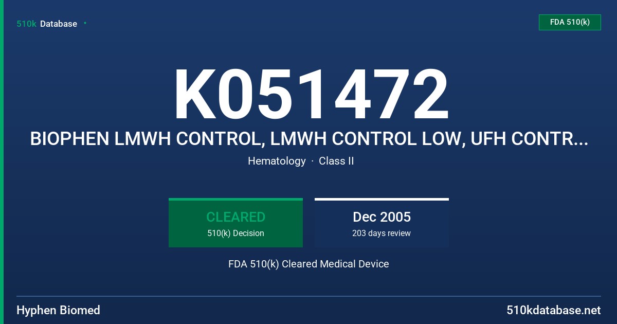 K051472 BIOPHEN LMWH CONTROL, LMWH CONTROL LOW, UFH CONTROL, HEPARIN CALIBRATOR & UFH CALIBRATOR FDA 510(k) Cleared Medical Device