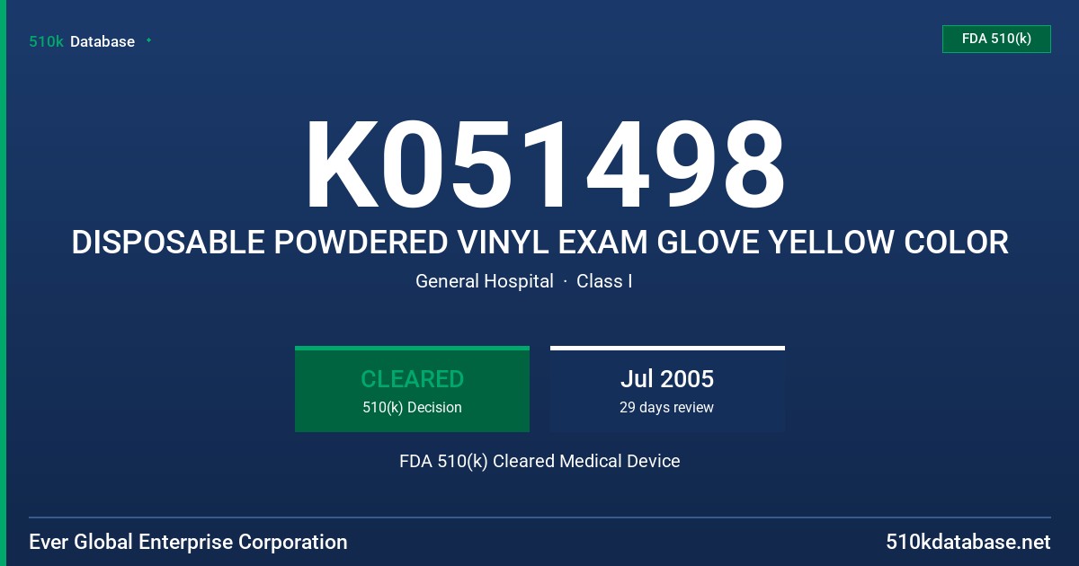 K051498 DISPOSABLE POWDERED VINYL EXAM GLOVE YELLOW COLOR FDA 510(k) Cleared Medical Device