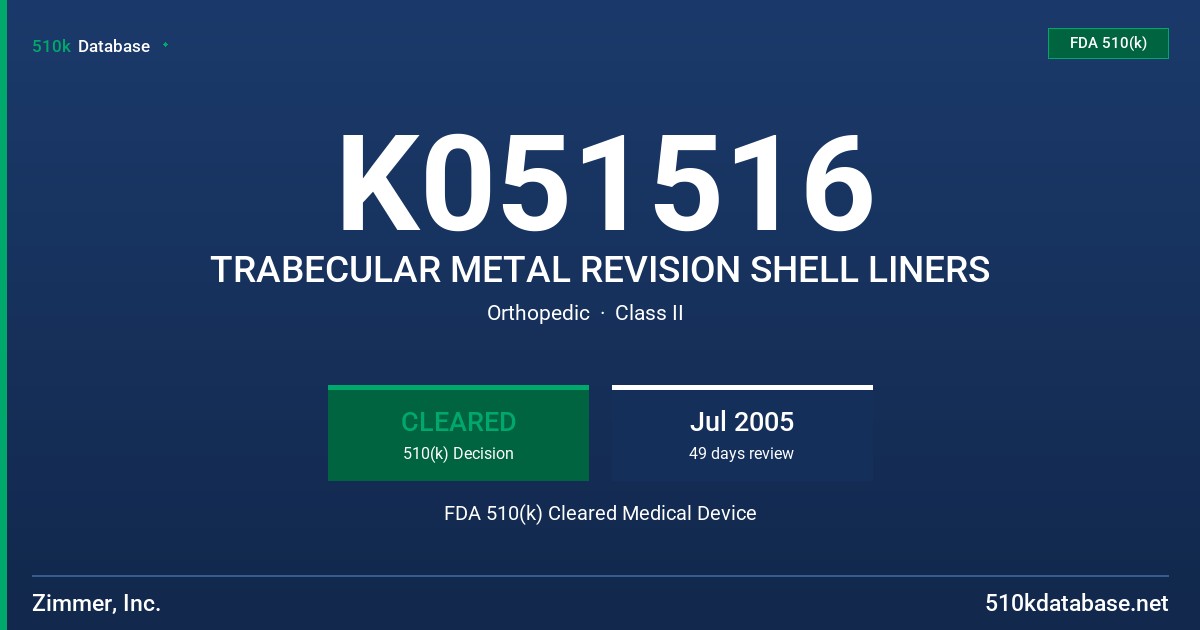 K051516 TRABECULAR METAL REVISION SHELL LINERS FDA 510(k) Cleared Medical Device