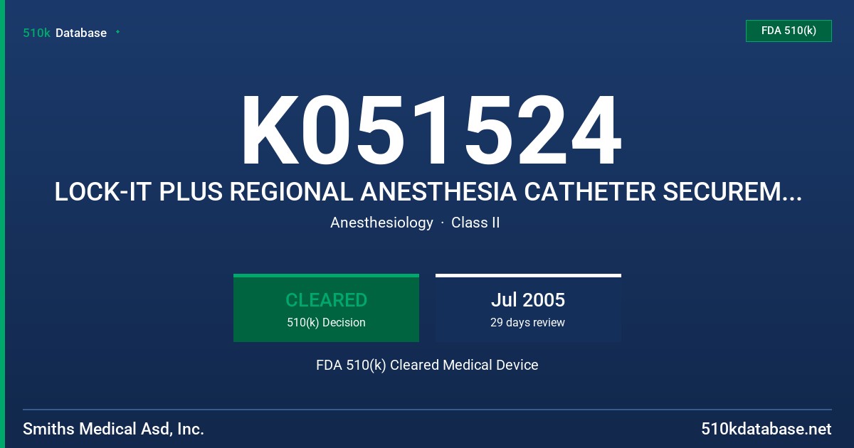 K051524 LOCK-IT PLUS REGIONAL ANESTHESIA CATHETER SECUREMENT DEVICE, MODEL 100/399/216 FDA 510(k) Cleared Medical Device