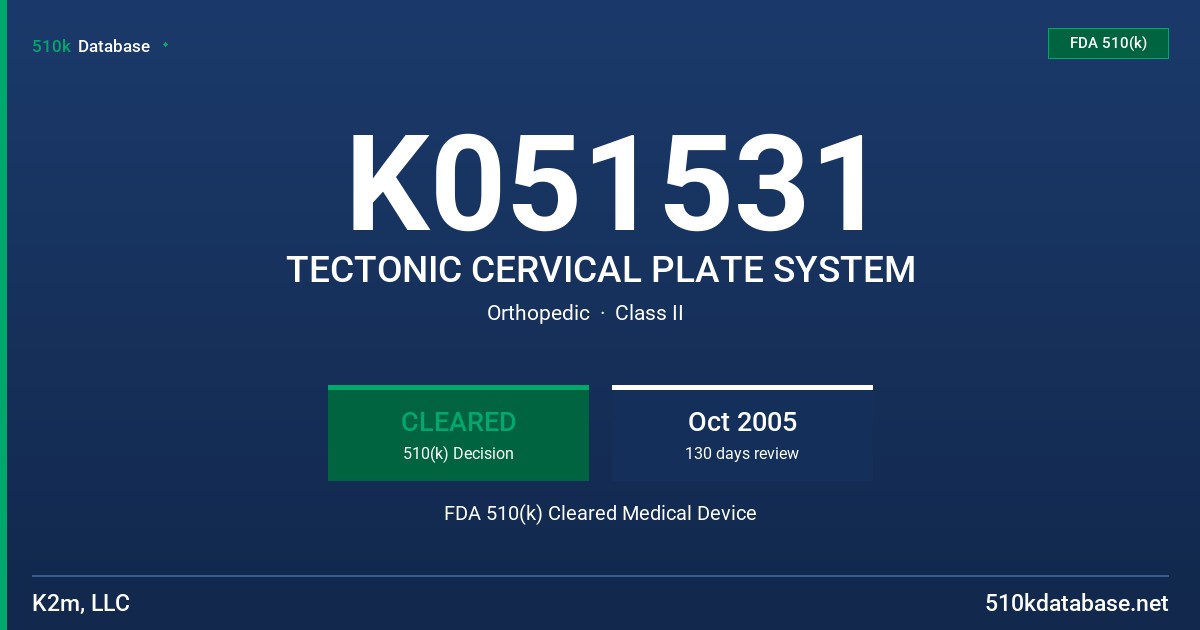 K051531 TECTONIC CERVICAL PLATE SYSTEM FDA 510(k) Cleared Medical Device