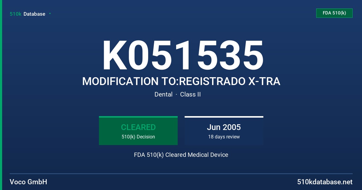 K051535 MODIFICATION TO:REGISTRADO X-TRA FDA 510(k) Cleared Medical Device