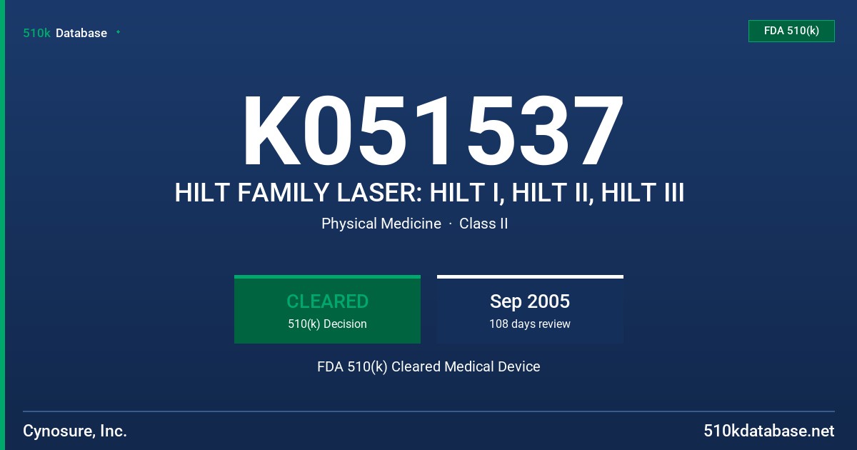K051537 HILT FAMILY LASER: HILT I, HILT II, HILT III FDA 510(k) Cleared Medical Device