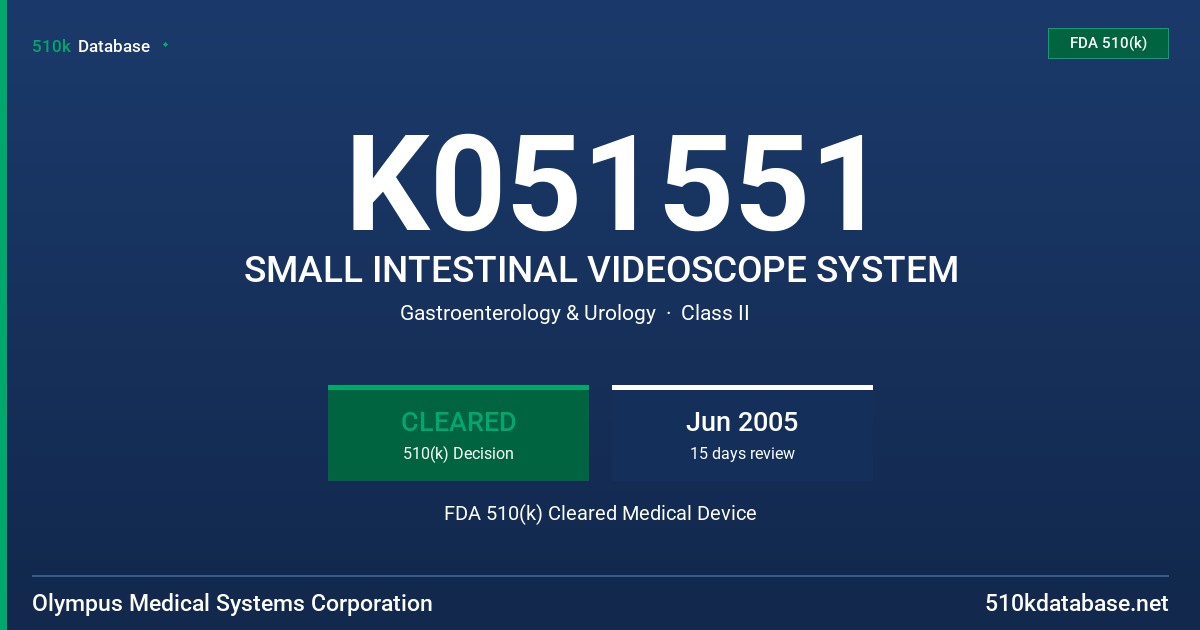 K051551 SMALL INTESTINAL VIDEOSCOPE SYSTEM FDA 510(k) Cleared Medical Device