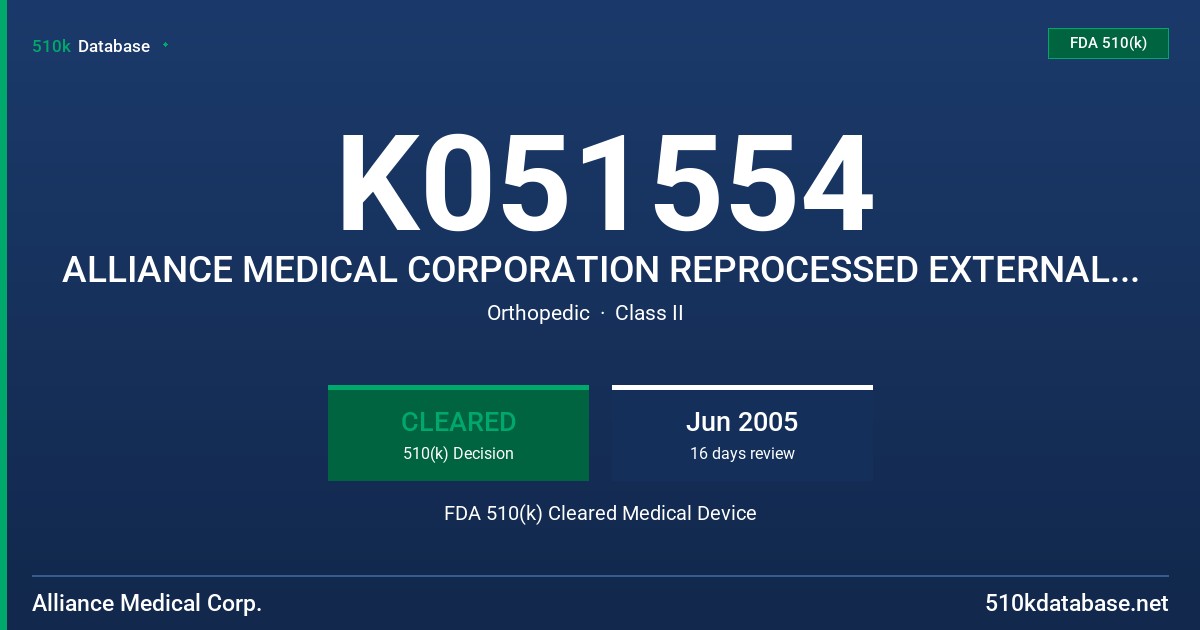 K051554 ALLIANCE MEDICAL CORPORATION REPROCESSED EXTERNAL FIXATION DEVICES FDA 510(k) Cleared Medical Device