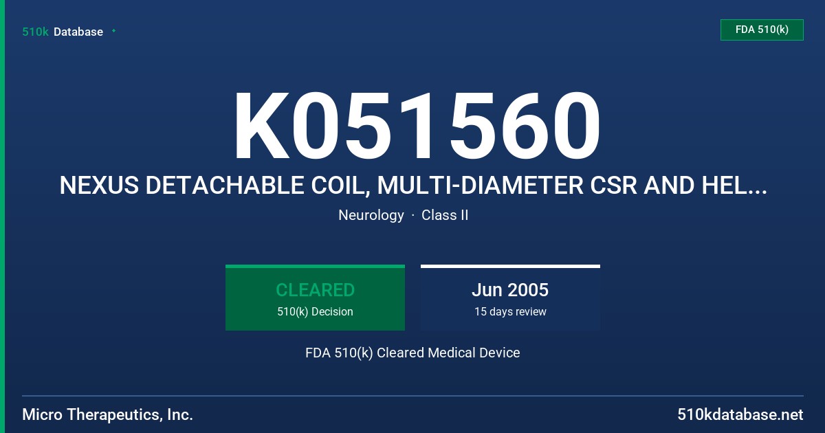 K051560 NEXUS DETACHABLE COIL, MULTI-DIAMETER CSR AND HELIX SUPER SOFT CSR FDA 510(k) Cleared Medical Device