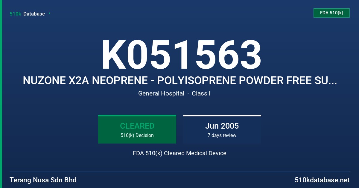 K051563 NUZONE X2A NEOPRENE - POLYISOPRENE POWDER FREE SURGICAL GLOVES POLYMER AND ALOE COATED FDA 510(k) Cleared Medical Device