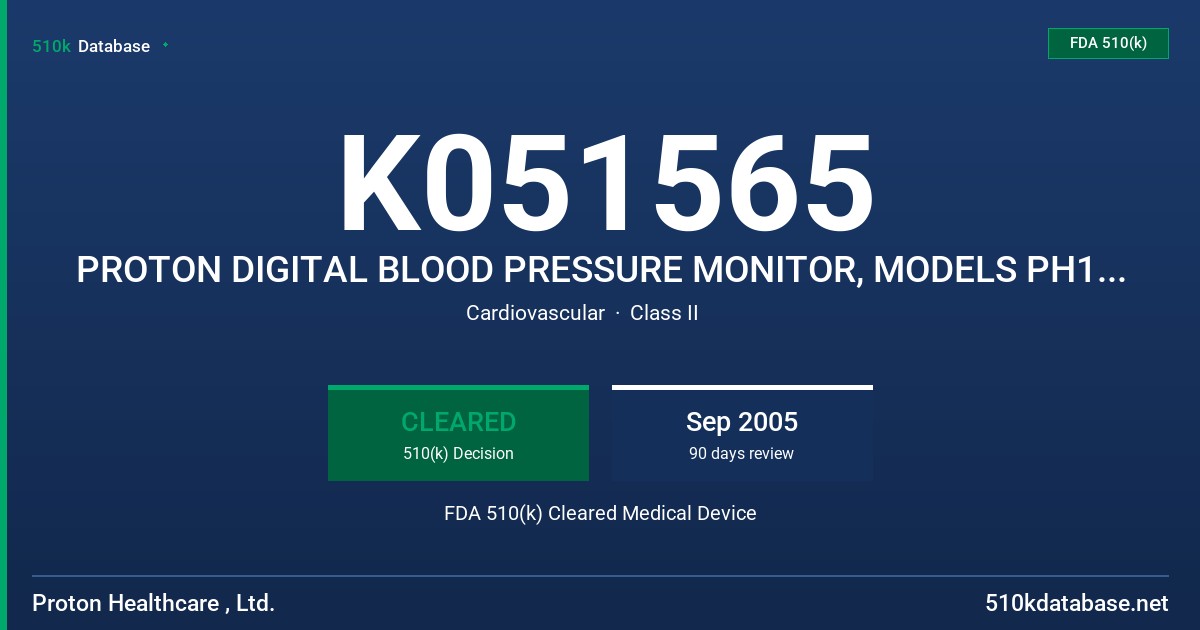 K051565 PROTON DIGITAL BLOOD PRESSURE MONITOR, MODELS PH168A, PH168E, PH168W, PHC888JA, PH888HA FDA 510(k) Cleared Medical Device