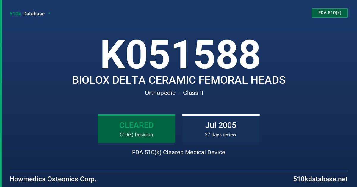 K051588 BIOLOX DELTA CERAMIC FEMORAL HEADS FDA 510(k) Cleared Medical Device