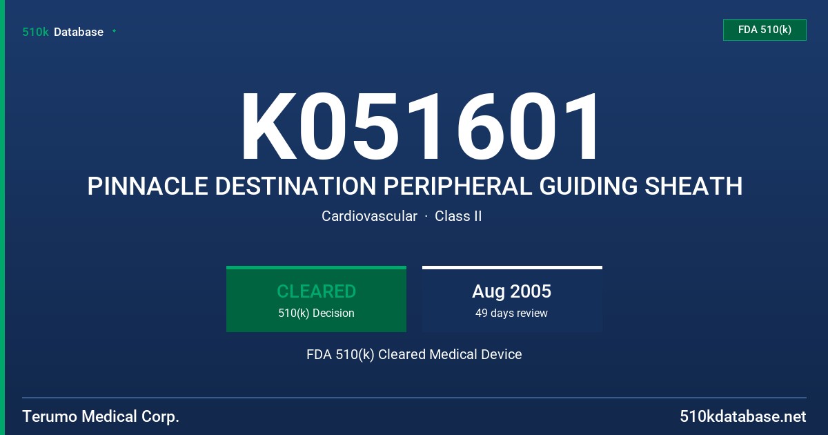K051601 PINNACLE DESTINATION PERIPHERAL GUIDING SHEATH FDA 510(k) Cleared Medical Device