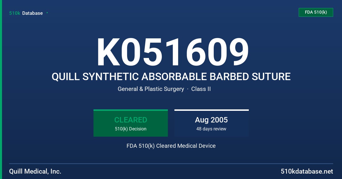 K051609 QUILL SYNTHETIC ABSORBABLE BARBED SUTURE FDA 510(k) Cleared Medical Device