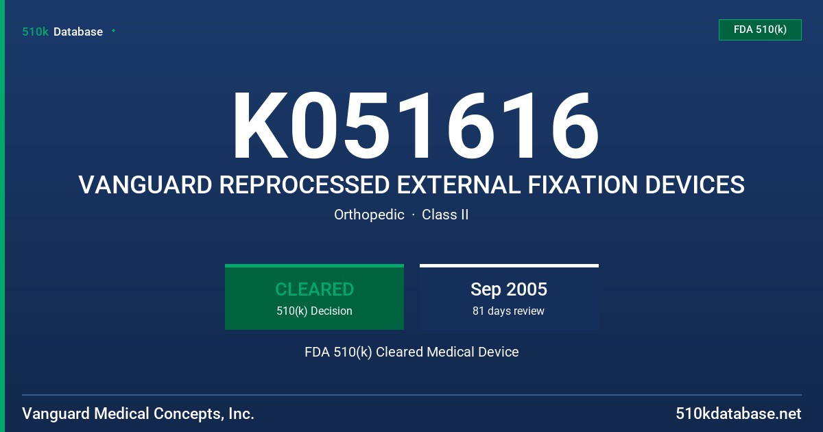 K051616 VANGUARD REPROCESSED EXTERNAL FIXATION DEVICES FDA 510(k) Cleared Medical Device