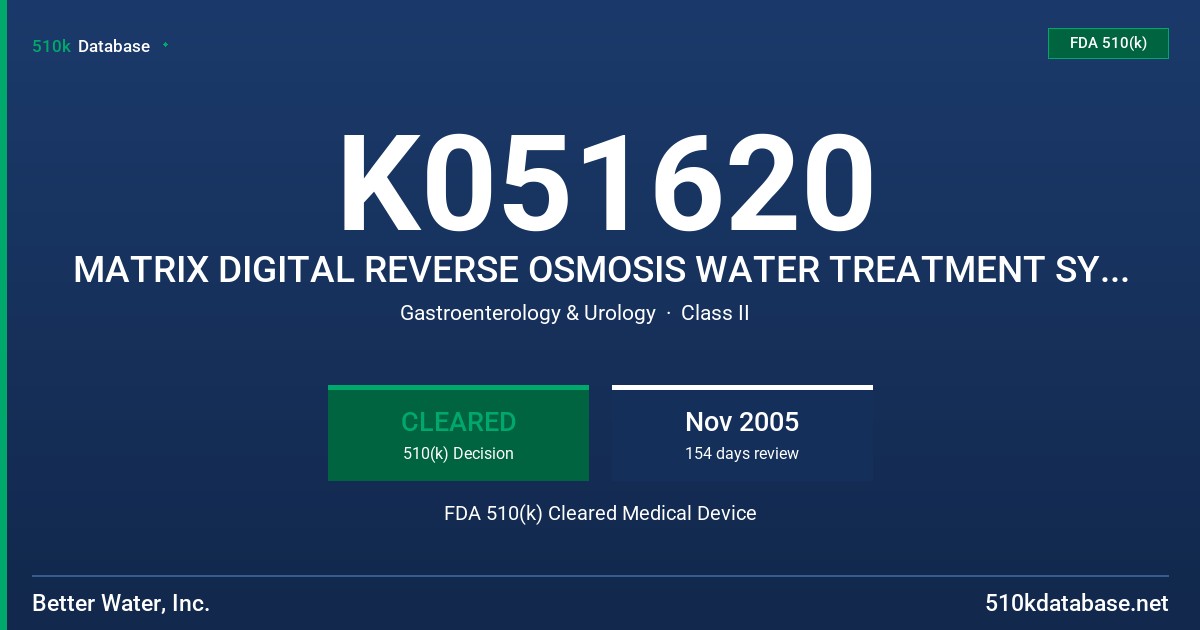 K051620 MATRIX DIGITAL REVERSE OSMOSIS WATER TREATMENT SYSTEM, MODEL EQRMD SERIES FDA 510(k) Cleared Medical Device