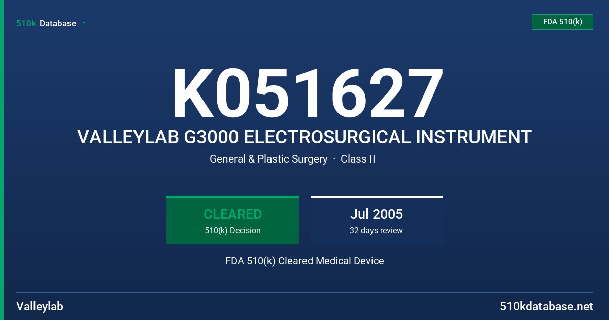 K051627 VALLEYLAB G3000 ELECTROSURGICAL INSTRUMENT FDA 510(k) Cleared Medical Device