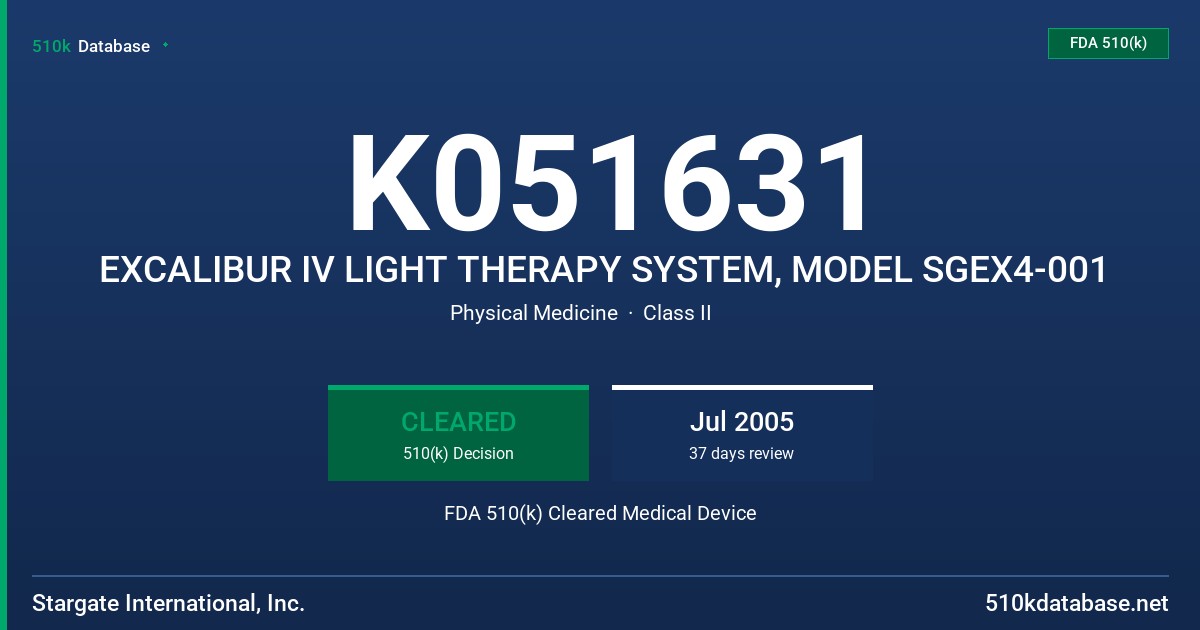 K051631 EXCALIBUR IV LIGHT THERAPY SYSTEM, MODEL SGEX4-001 FDA 510(k) Cleared Medical Device