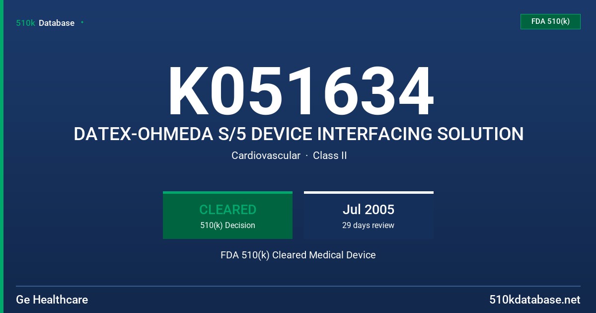 K051634 DATEX-OHMEDA S/5 DEVICE INTERFACING SOLUTION FDA 510(k) Cleared Medical Device