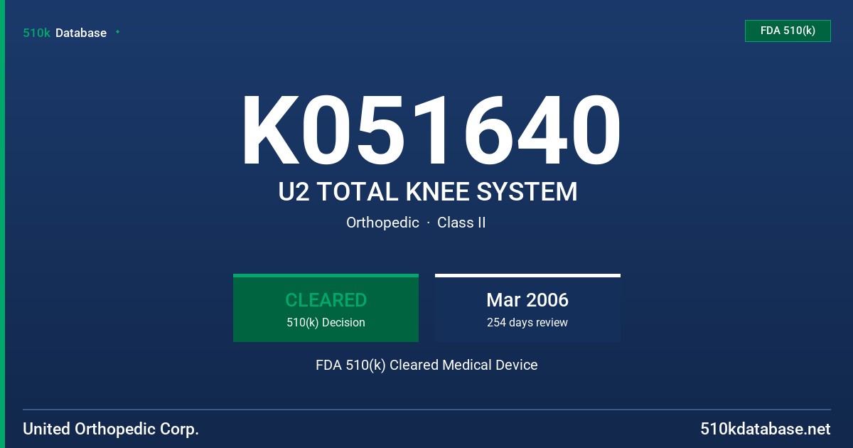 K051640 U2 TOTAL KNEE SYSTEM FDA 510(k) Cleared Medical Device