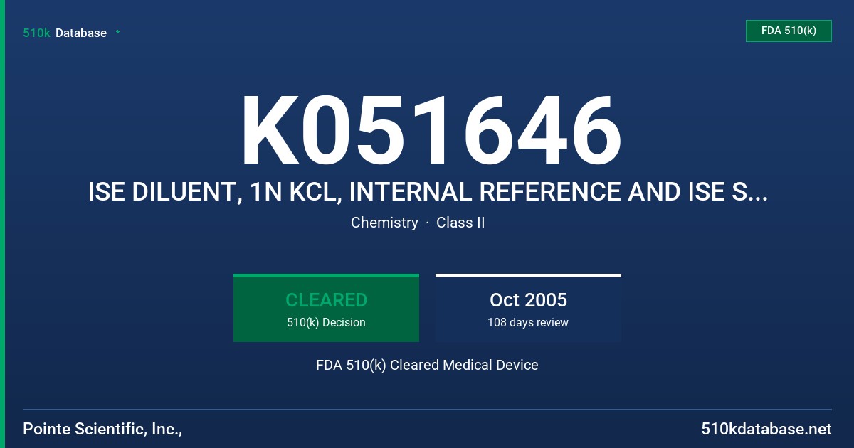 K051646 ISE DILUENT, 1N KCL, INTERNAL REFERENCE AND ISE STANDARDS LOW AND HIGH FDA 510(k) Cleared Medical Device