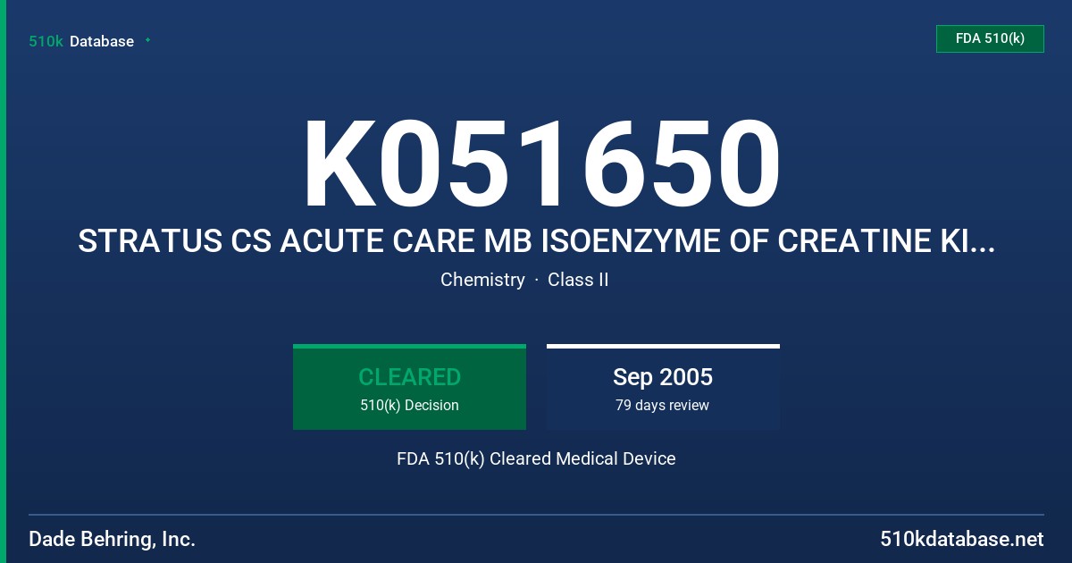 K051650 STRATUS CS ACUTE CARE MB ISOENZYME OF CREATINE KINASE (CKMB) TEST PAK FDA 510(k) Cleared Medical Device
