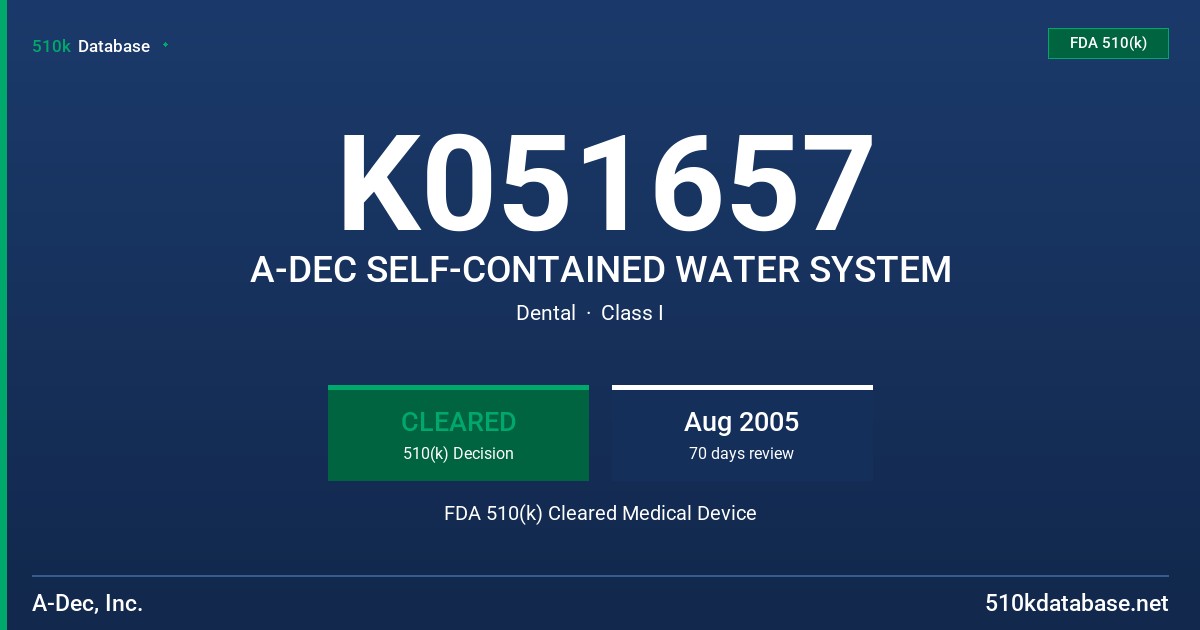 K051657 A-DEC SELF-CONTAINED WATER SYSTEM FDA 510(k) Cleared Medical Device