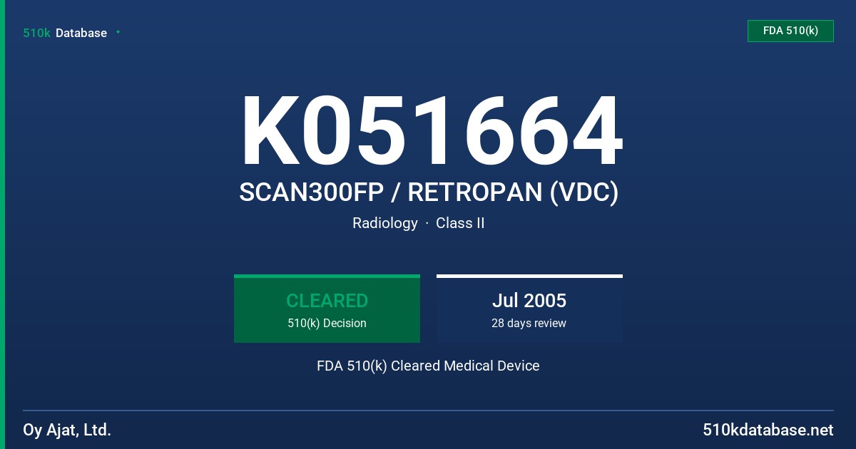 K051664 SCAN300FP / RETROPAN (VDC) FDA 510(k) Cleared Medical Device