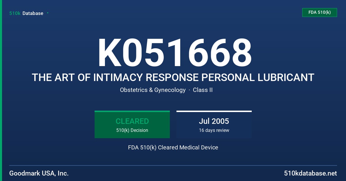 K051668 THE ART OF INTIMACY RESPONSE PERSONAL LUBRICANT FDA 510(k) Cleared Medical Device