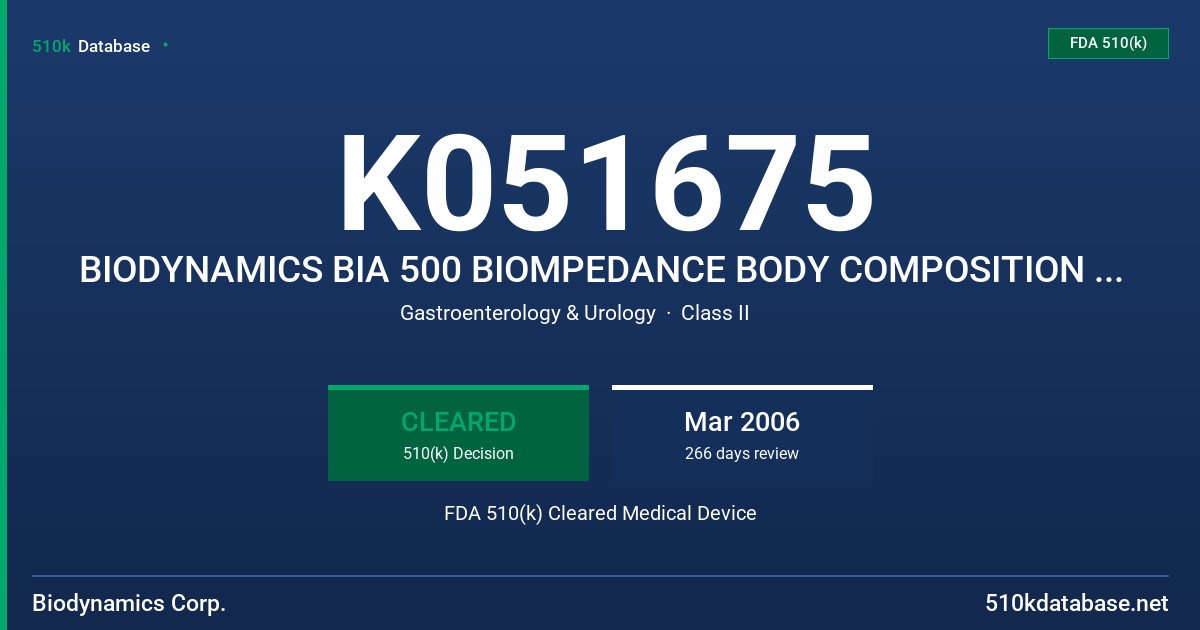 K051675 BIODYNAMICS BIA 500 BIOMPEDANCE BODY COMPOSITION ANALYZER FDA 510(k) Cleared Medical Device
