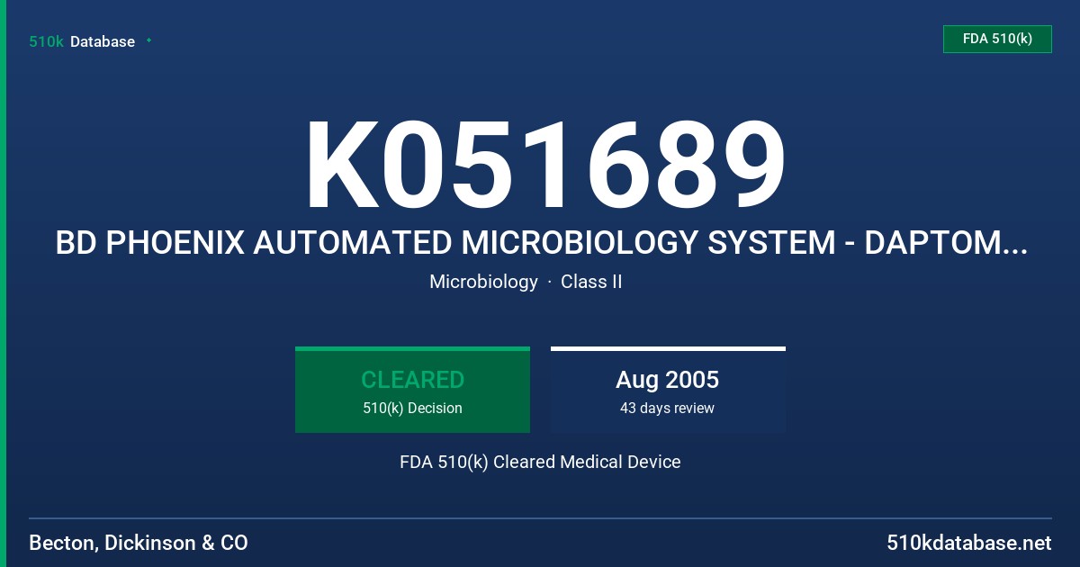K051689 BD PHOENIX AUTOMATED MICROBIOLOGY SYSTEM - DAPTOMYCIN 0.125 - 32 UG/ML FDA 510(k) Cleared Medical Device
