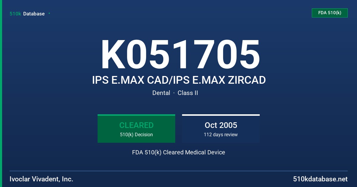 K051705 IPS E.MAX CAD/IPS E.MAX ZIRCAD FDA 510(k) Cleared Medical Device