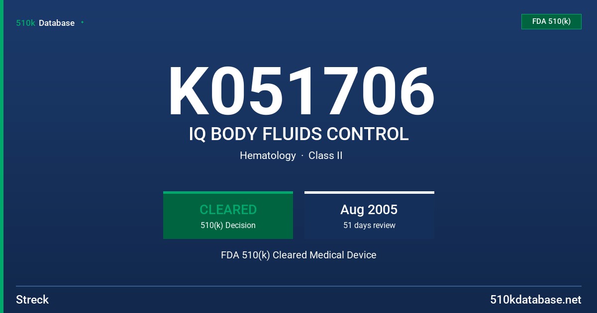 K051706 IQ BODY FLUIDS CONTROL FDA 510(k) Cleared Medical Device