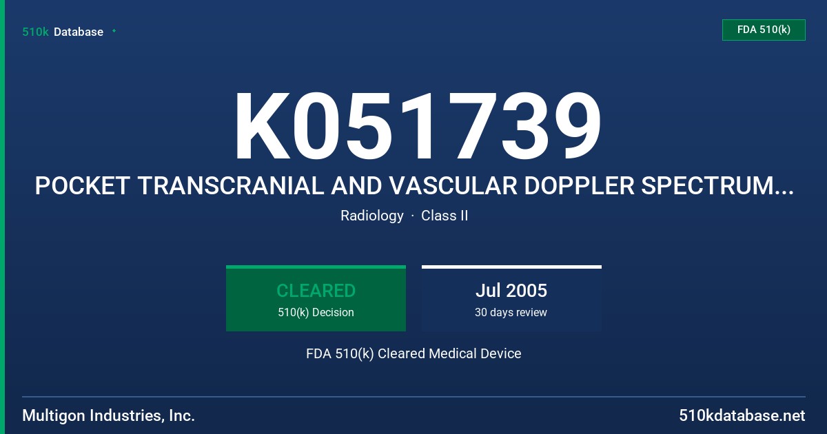 K051739 POCKET TRANSCRANIAL AND VASCULAR DOPPLER SPECTRUM ANALYZER, MODEL 500P FDA 510(k) Cleared Medical Device